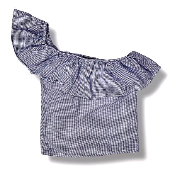 Joes Jeans One Shoulder Blouse Gingham Ruffle Blue White Size Small - Picture 8 of 8